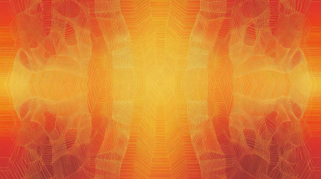 A high-res geometric lines pattern with thin, angular lines forming symmetrical hexagons, with a gradient of warm colors from red to yellow.の素材