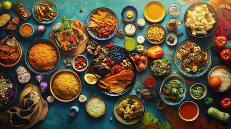 A vibrant, high-resolution image of different global cuisines laid out on a large table, representing cultural diversity and food accessibility on World Food Day.の素材