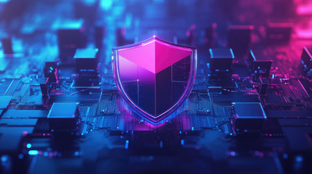 A digital shield protecting a network of servers and computers, symbolizing cybersecurity and secure data transmission.の素材