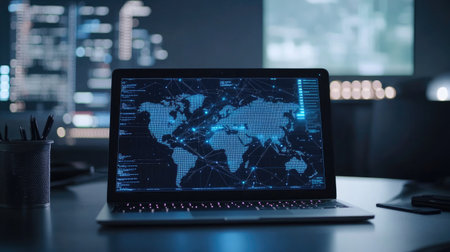 A laptop on a desk displaying a real-time network connection monitor, with digital maps and data flow visualizations.の素材
