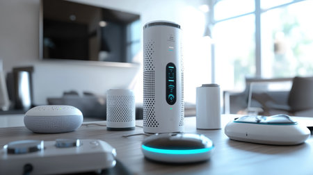A futuristic smart home device sitting on a table, with voice-controlled technology interacting with various appliances.の素材
