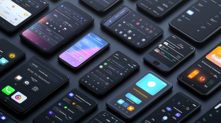 A collection of smartphones with different screen displays, showcasing apps, notifications, and social media interfaces.の素材