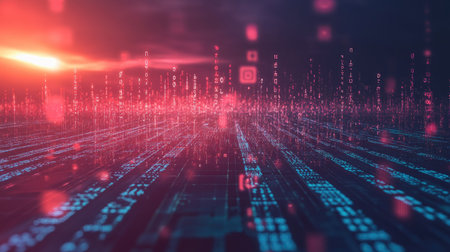 A digital landscape with streams of binary code and light beams connecting multiple data centers, symbolizing global internet connectivity.の素材