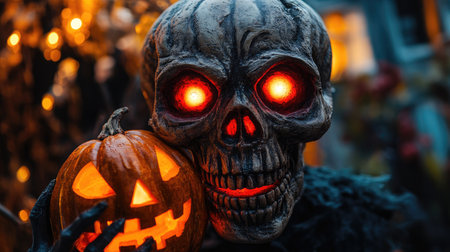 A haunting skull with glowing red eyes and a sinister expression, gripping a bright pumpkin in its mouth, perfect for Halloween decoration themes.の素材