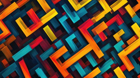High-resolution geometric pattern with fine, sharp lines creating a maze-like structure in bright colors, offering a playful and dynamic background.の素材