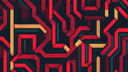 A vibrant geometric pattern with thin, interwoven lines creating a maze-like effect, set against a deep red and black background for a bold statement.の素材