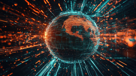 A futuristic 3D hologram showing a globe surrounded by digital data streams, representing a cyber data network in motion.の素材