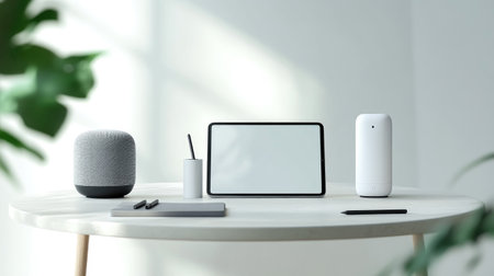 A minimalist workspace featuring a tablet, stylus, and smart speaker, set against a clean white background.の素材