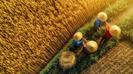 Vibrant photo of farmers harvesting crops, representing sustainable agriculture and the global fight against hunger for World Food Day.の素材