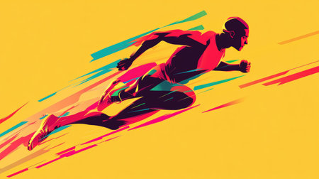 Minimalist vector of a runner with sleek, angular lines in bright colors, capturing the intensity of a sprint in a simple yet dynamic design.の素材