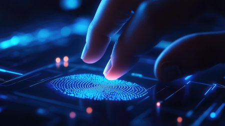 Close-up of a hand placing a finger on a digital fingerprint scanner, with glowing blue lines and security code in the background.の素材
