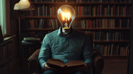 A man with a lightbulb for a head, sitting in a library reading a book.の素材