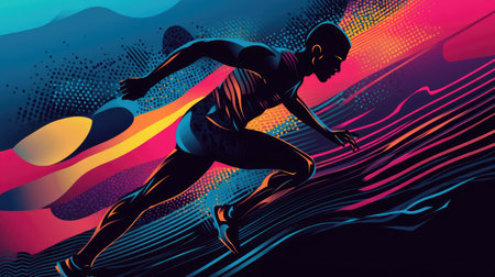 Vector illustration of a runner in mid-stride with abstract background patterns that enhance the sense of speed and motion.の素材