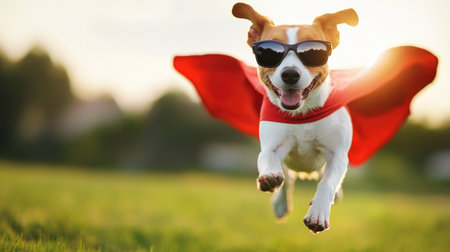 A dog wearing a superhero cape and sunglasses, flying through the air like a cartoon character.の素材