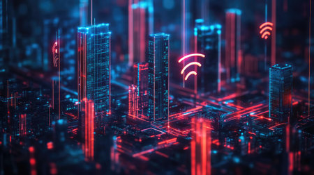 High-resolution photo of a smart city with interconnected wireless network icons, highlighting the power of 5G technology.の素材