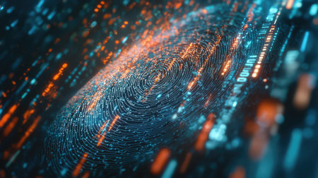 Abstract visual of a fingerprint being scanned with layers of encrypted code, representing advanced cyber security technology.の素材