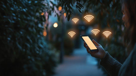 High-res image of a hand holding a smartphone with glowing wireless network icons above, representing seamless mobile connectivity.の素材