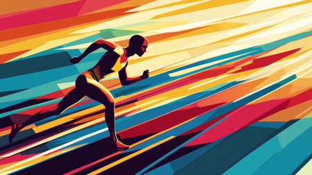 Vector graphic of a runner on a race track, with geometric lines and bright colors, symbolizing progress and competition.の素材
