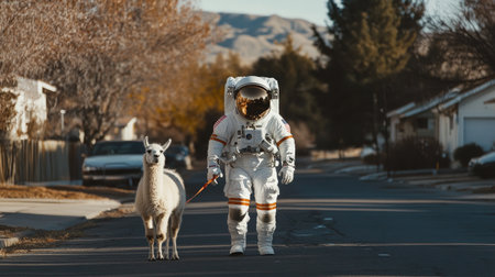 A person wearing an astronaut suit, walking a llama on a leash down a suburban street.の素材