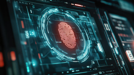 High-res image of a digital lock symbol overlaid on a fingerprint scan interface, emphasizing the importance of secure personal identification.の素材