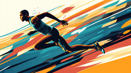 Vector illustration of a runner in mid-stride with abstract background patterns that enhance the sense of speed and motion.の素材