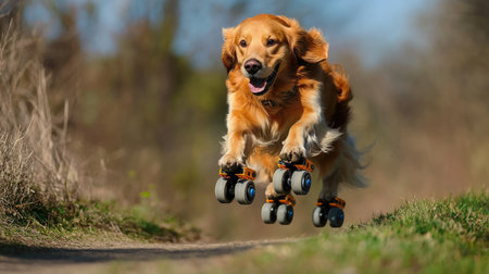 A dog wearing roller skates, sliding effortlessly down a hill.の素材