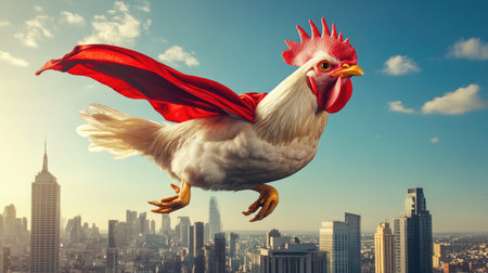 A chicken dressed as a superhero, flying over a city skyline, creating a hilarious moment.の素材