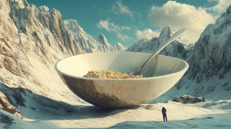 A giant spoon digging into a mountain like it s a bowl of cereal.の素材