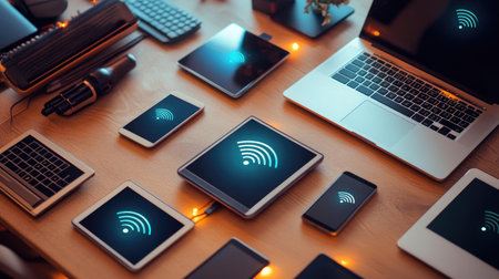 High-res photo of multiple devices, including laptops, smartphones, and tablets, all connected by glowing wireless network icons.の素材