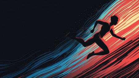 Dynamic vector of a runner's silhouette leaping forward with abstract motion lines, capturing the essence of speed and determination.の素材