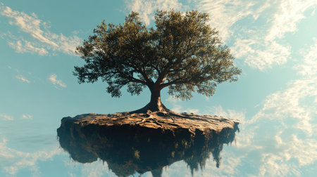 A tree growing upside down, with its roots in the sky and branches in the ground.の素材