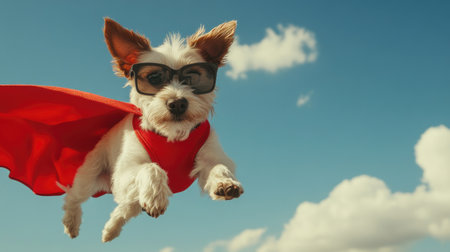 A dog wearing a superhero cape and sunglasses, flying through the air like a cartoon character.の素材
