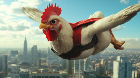 A chicken dressed as a superhero, flying over a city skyline, creating a hilarious moment.の素材