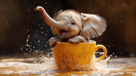 A baby elephant sitting in a giant coffee cup, happily splashing in the liquid.の素材
