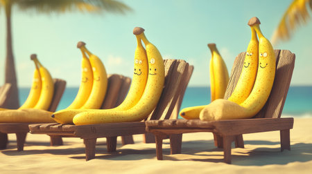 A group of bananas sitting on lounge chairs, sunbathing at the beach.の素材