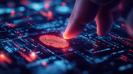 Close-up of a finger pressing a fingerprint sensor on a smart device, with encrypted code and digital security symbols in the background.の素材