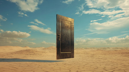 A floating door in the middle of a desert, standing completely alone.の素材