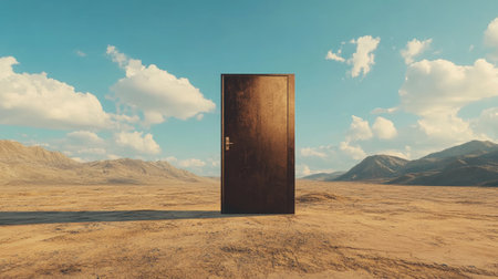 A floating door in the middle of a desert, standing completely alone.の素材