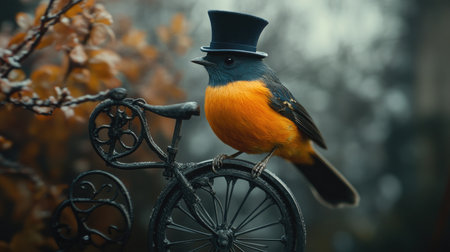 A bird wearing a top hat, perched on a tiny bicycle, creating a humorous scene.の素材