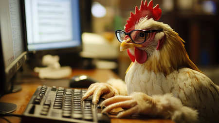 A chicken sitting at a computer desk, wearing glasses and typing on a keyboard.の素材