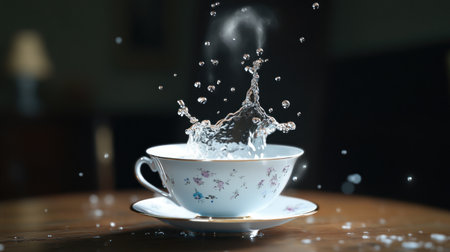 A floating teacup pouring water into mid-air, with no visible source.の素材