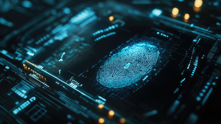A futuristic concept showing a close-up of a fingerprint scan on a touch screen, surrounded by encrypted code and digital security elements.の素材