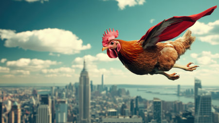 A chicken dressed as a superhero, flying over a city skyline, creating a hilarious moment.の素材
