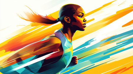 A stylish vector illustration of a marathon runner in profile, with clean lines and a vibrant color palette to emphasize endurance and focus.の素材
