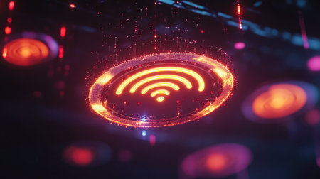 A glowing wireless network symbol floating in the air with holographic effects, representing futuristic connectivity.の素材