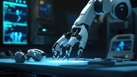 A robotic arm performing precise incisions in a surgical procedure, highlighting the future of medical technology.の素材