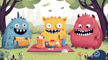 A group of cartoon monsters having a fun picnic in the park, each with unique shapes and colors. Perfect for playful and creative designs.の素材