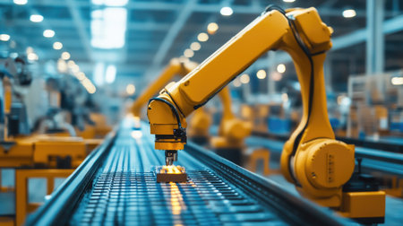 A robot sorting materials on a conveyor belt in a fully automated factory environment. Ideal for showcasing industrial efficiency.の素材