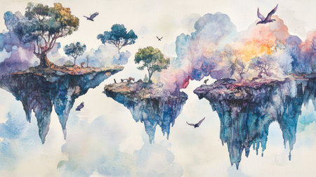 A surreal watercolor painting of floating islands in the sky, with distorted trees and animals, creating a dreamlike, otherworldly landscape.の素材
