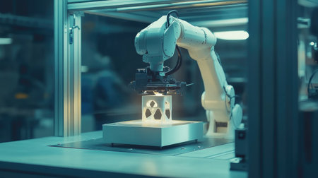 A robot operating a 3D printer in a high-tech factory, showcasing innovation in manufacturing.の素材